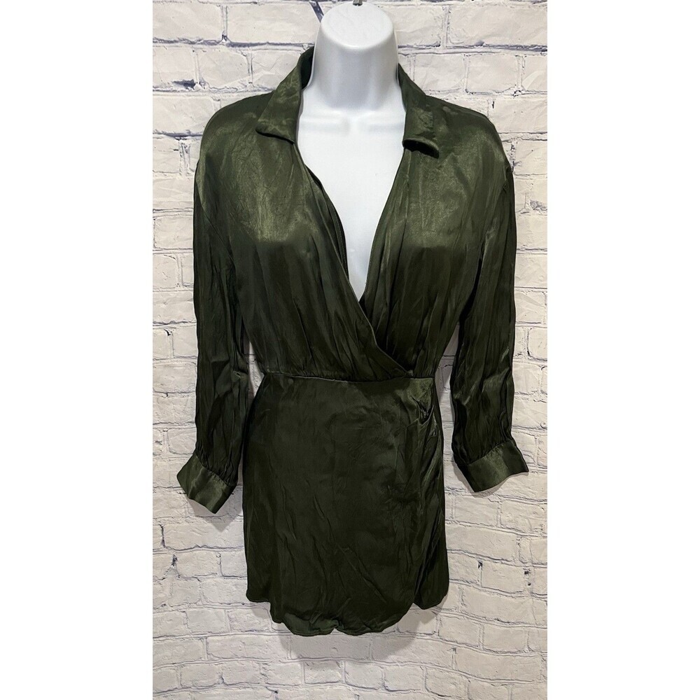 Zara olive green satin long sleeve wrapped dress Size XS